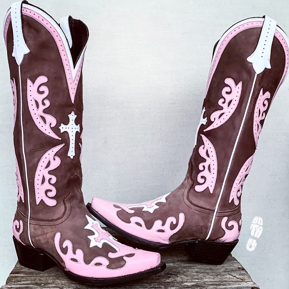 LANE Boots Grace Cross Tall Knee High Pink Brown Leather Cowgirl Western Boots